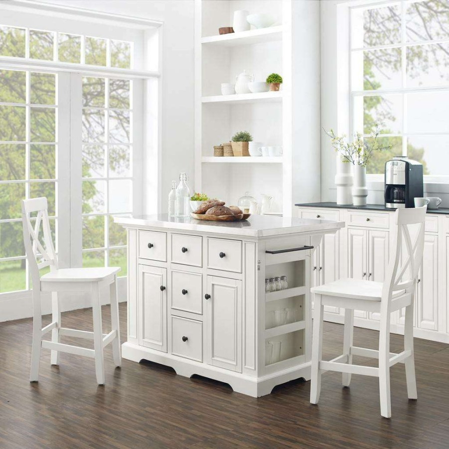 Carts & Islands * | New Julia Stainless Steel Top Island W/X-Back Stools White/White Island & 2 Stools Crosley Kf30064Wh-Wh