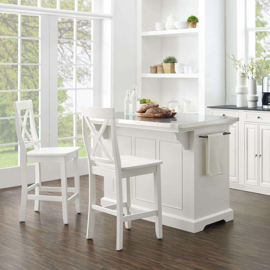 Carts & Islands * | New Julia Stainless Steel Top Island W/X-Back Stools White/White Island & 2 Stools Crosley Kf30064Wh-Wh