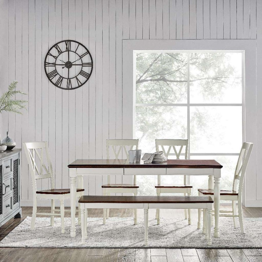 Dining * | New Shelby 6 Piece Dining Set Distressed White Table, Bench, & 4 Chairs Crosley Kf20004-Wh