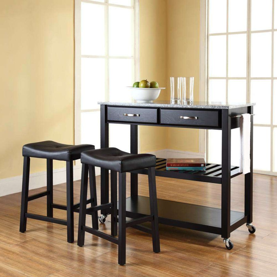 Carts & Islands * | High Quality Granite Top Kitchen Prep Cart W/Uph Saddle Stools Black/Gray Kitchen Island & 2 Counter Stools Crosley Kf300534Bk