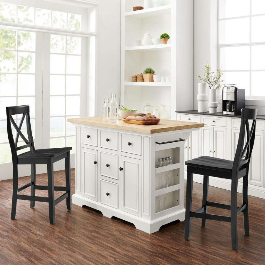 Carts & Islands * | Excellent Quality Julia Wood Top Island W/X-Back Stools White/Black Island & 2 Stools Crosley Kf30067Wh-Bk