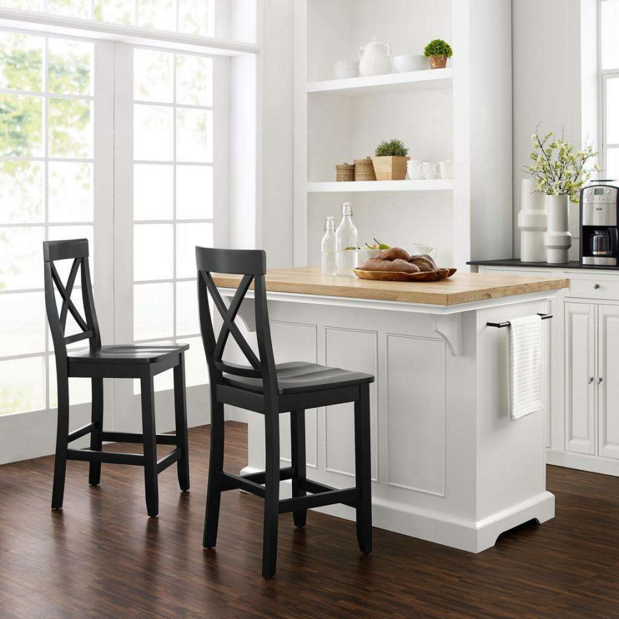 Carts & Islands * | Excellent Quality Julia Wood Top Island W/X-Back Stools White/Black Island & 2 Stools Crosley Kf30067Wh-Bk