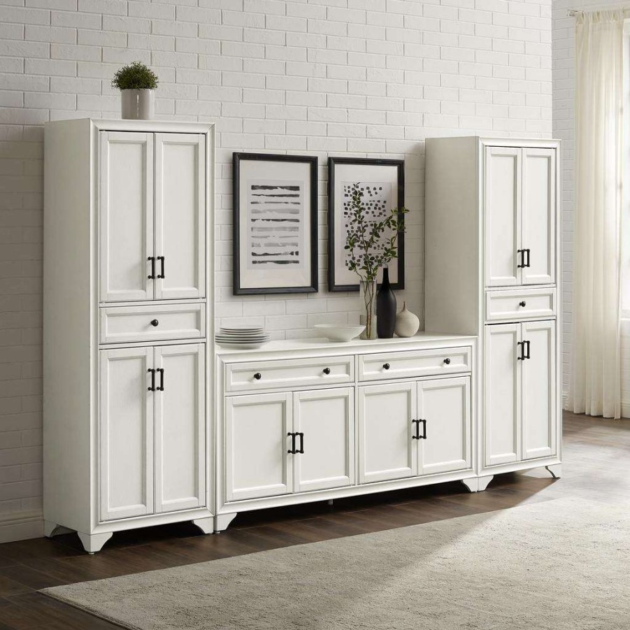 Dining * | Discount Store Tara 3Pc Sideboard And Pantry Set Distressed White Sideboard & 2 Pantries Crosley Kf33012Wh