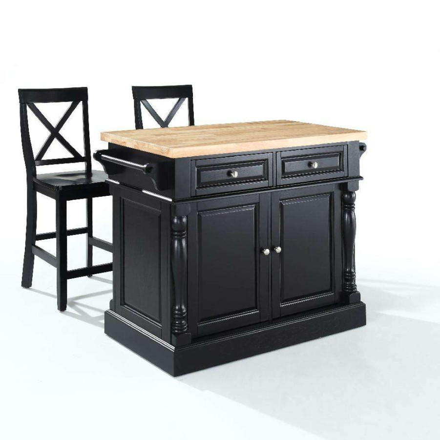 Carts & Islands * | New Oxford Kitchen Island W/X-Back Stools Black Kitchen Island, 2 Counter Height Bar Stools Crosley Kf300063Bk