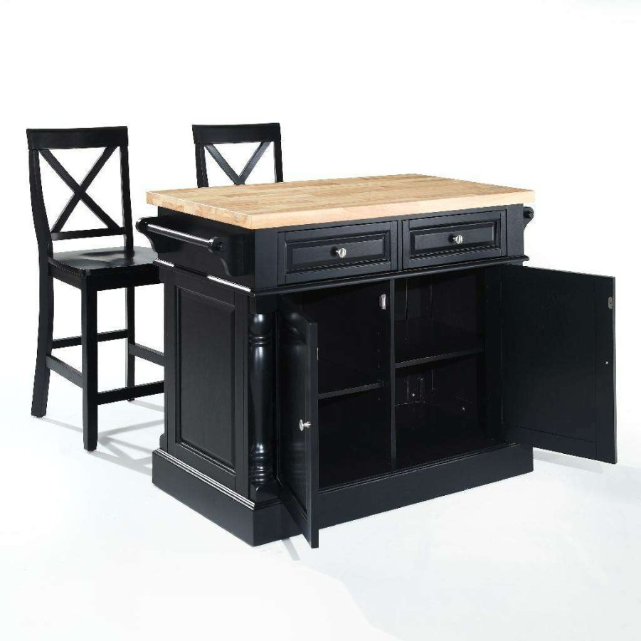 Carts & Islands * | New Oxford Kitchen Island W/X-Back Stools Black Kitchen Island, 2 Counter Height Bar Stools Crosley Kf300063Bk