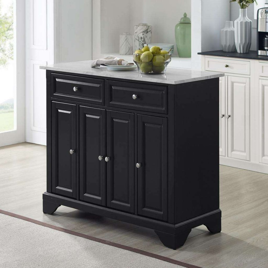 Carts & Islands * | Best Quality Avery Kitchen Island/Cart Distressed Black/ White Marble Crosley Cf3021-Bk