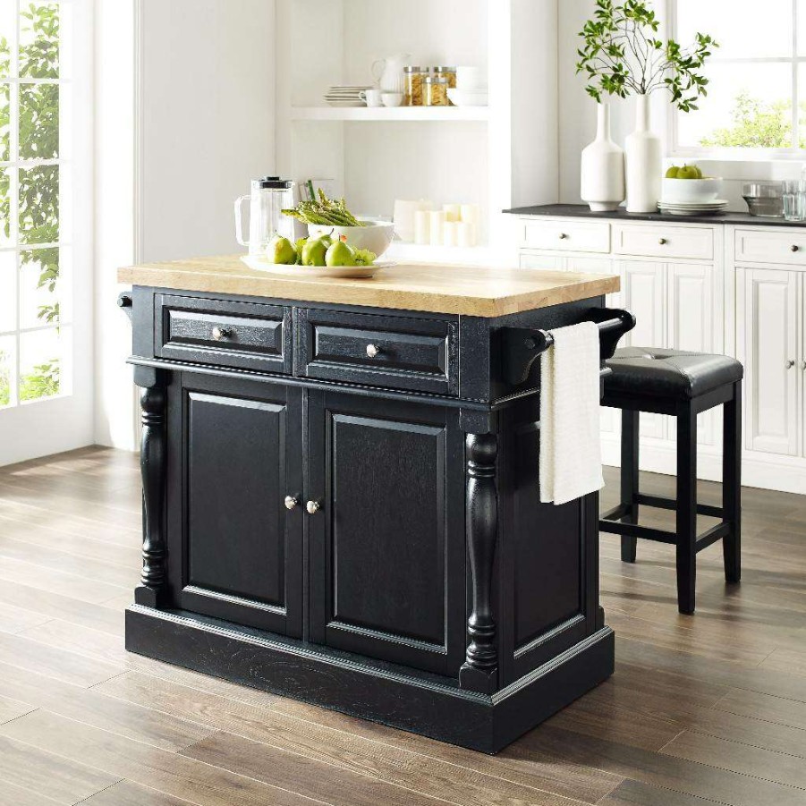 Carts & Islands * | Best Choice Oxford Kitchen Island W/Square Seat Stools Black Kitchen Island, 2 Counter Height Bar Stools Crosley Kf300065Bk