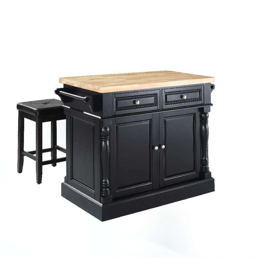 Carts & Islands * | Best Choice Oxford Kitchen Island W/Square Seat Stools Black Kitchen Island, 2 Counter Height Bar Stools Crosley Kf300065Bk