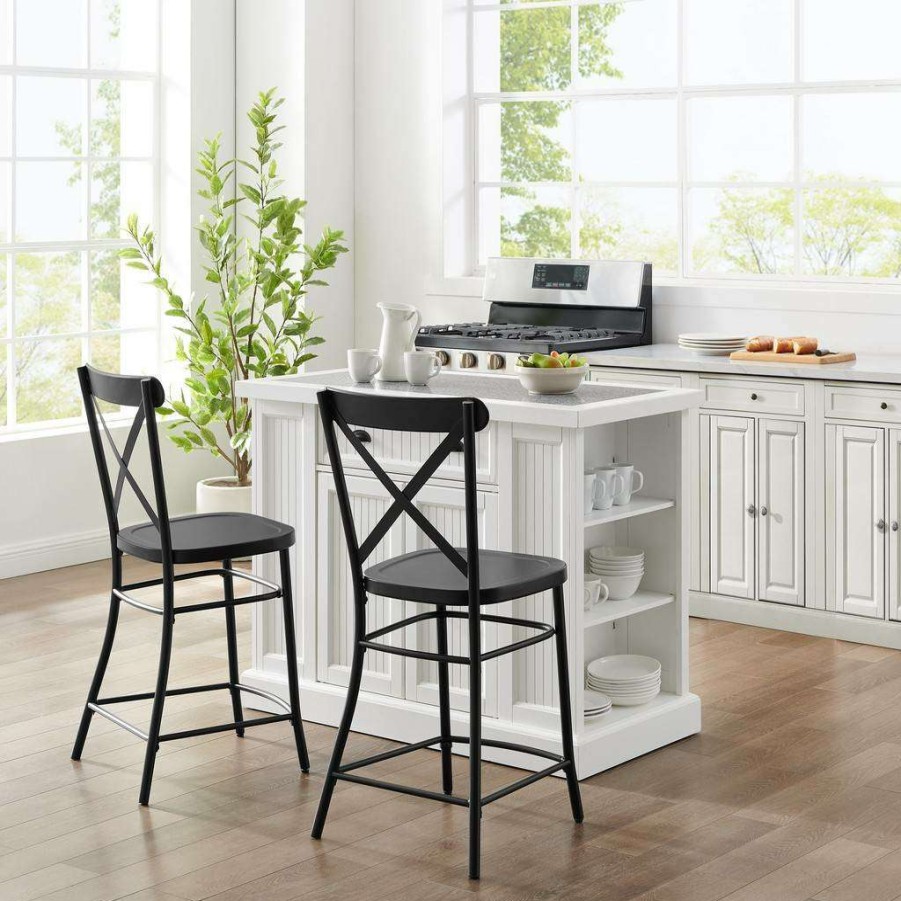 Carts & Islands * | Outlet Seaside Island W/ Camille Counter Stools Distressed White/Matte Black Island & 2 Stools Crosley Kf31019Wh-Mb