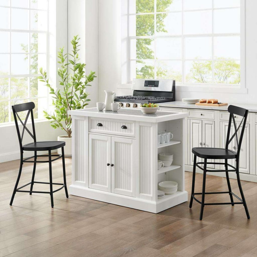 Carts & Islands * | Outlet Seaside Island W/ Camille Counter Stools Distressed White/Matte Black Island & 2 Stools Crosley Kf31019Wh-Mb