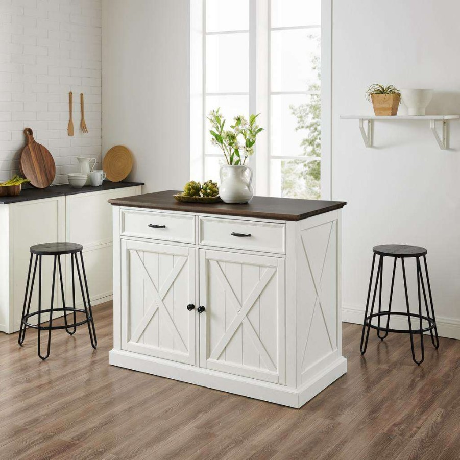 Carts & Islands * | Less Expensive Clifton Kitchen Island W/Ava Stools Distressed White/Black Kitchen Island & 2 Stools Crosley Kf30072Wh-Bk