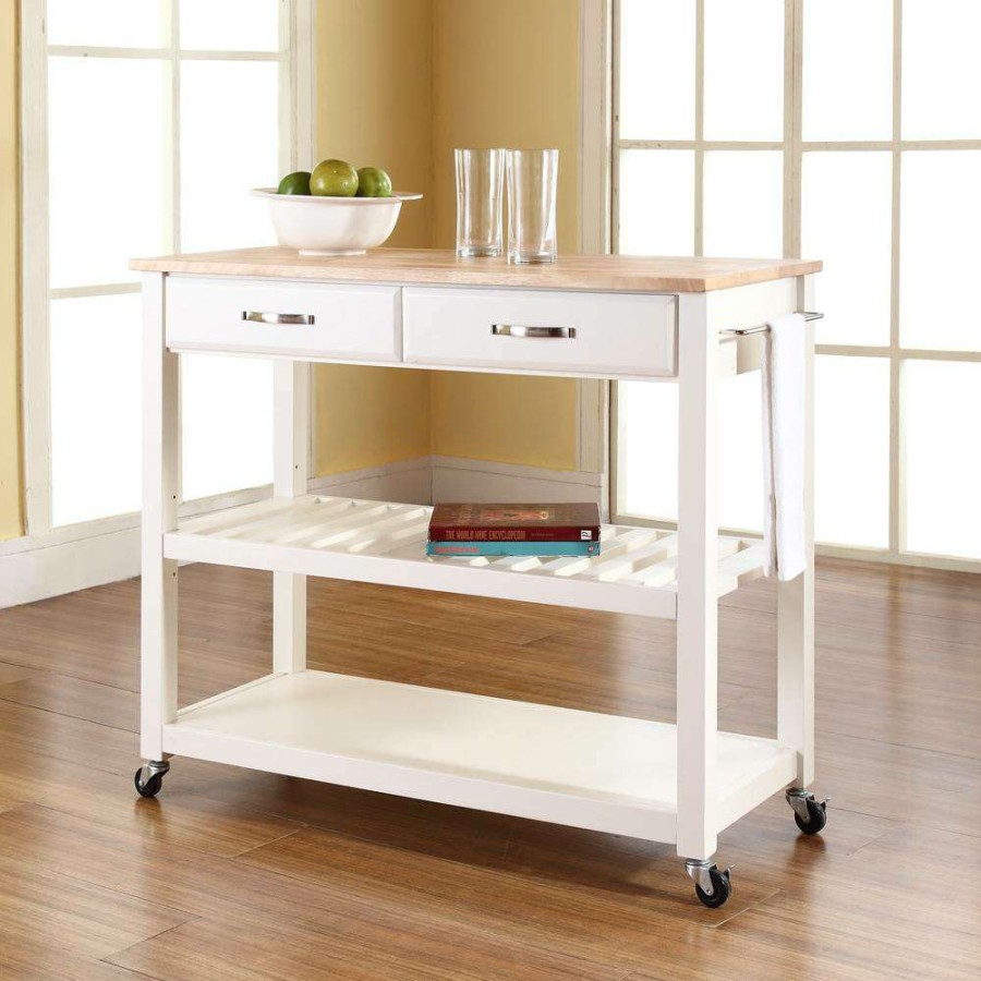 Carts & Islands * | Exclusive Design Wood Top Kitchen Prep Cart White/Natural Crosley Kf30051Wh