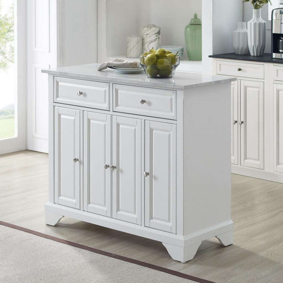 Carts & Islands * | Lower Price Avery Kitchen Island/Cart Distressed White/ White Marble Crosley Cf3021-Wh