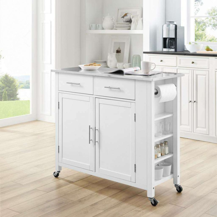 Carts & Islands * | Fire Sale Savannah Stainless Steel Top Full-Size Kitchen Island/Cart White/Stainless Steel Crosley Cf3029Ss-Wh