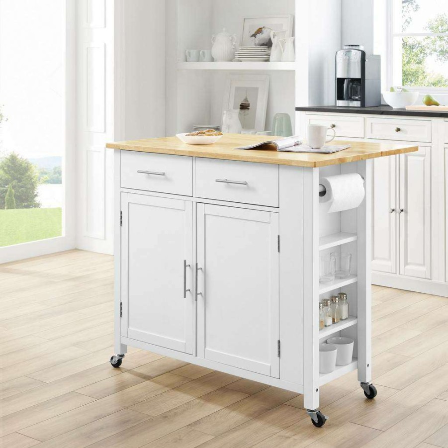 Carts & Islands * | Best Quality Savannah Wood Top Drop Leaf Kitchen Island/Cart White/Natural Crosley Cf3031Na-Wh