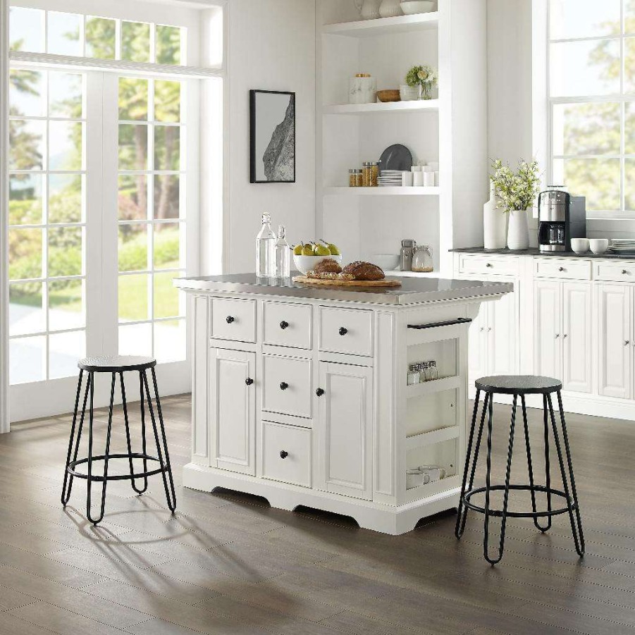 Carts & Islands * | Best Sellers Julia Stainless Steel Top Island W/Ava Stools White/Black Kitchen Island, 2 Counter Height Bar Stools Crosley Kf30060Wh-Bk