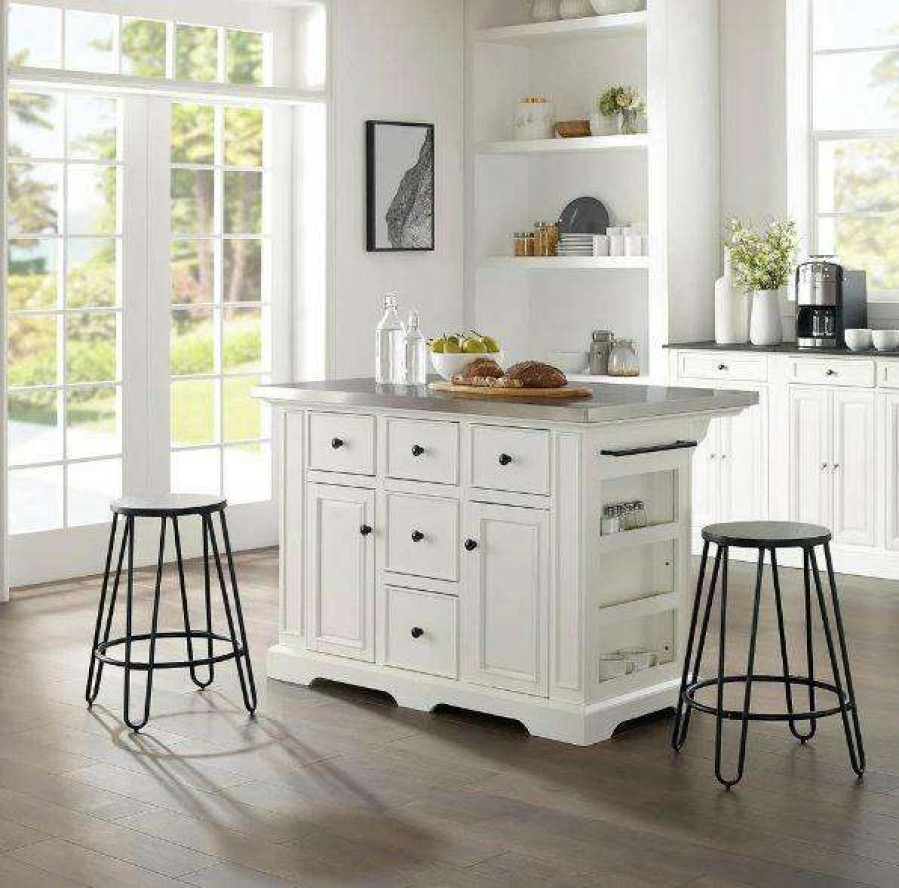 Carts & Islands * | Best Sellers Julia Stainless Steel Top Island W/Ava Stools White/Black Kitchen Island, 2 Counter Height Bar Stools Crosley Kf30060Wh-Bk