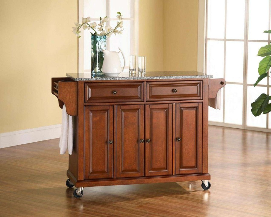 Carts & Islands * | Special Full Size Granite Top Kitchen Cart Cherry/Gray Crosley Kf30003Ech