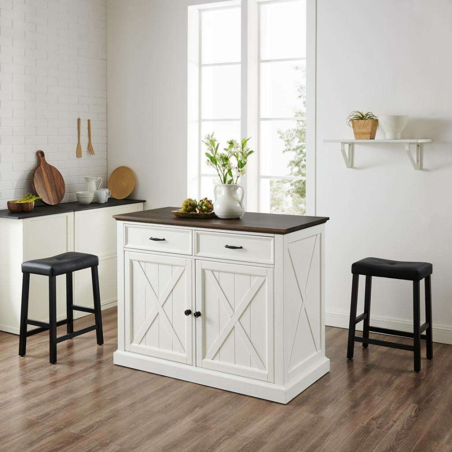 Carts & Islands * | Reliable Quality Clifton Kitchen Island W/Uph Saddle Stools Distressed White/Black Kitchen Island & 2 Stools Crosley Kf30071Wh-Bk