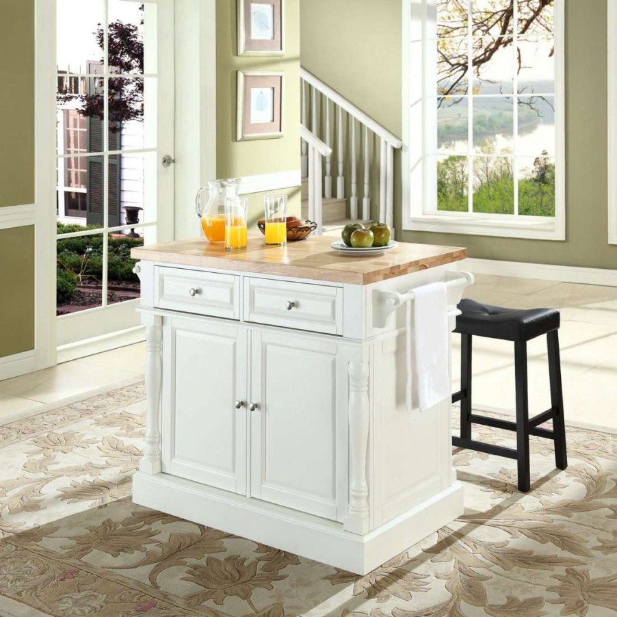 Carts & Islands * | Sells Cheap Oxford Kitchen Island W/Upholstered Saddle Stools White Kitchen Island, 2 Counter Height Bar Stools Crosley Kf300064Wh