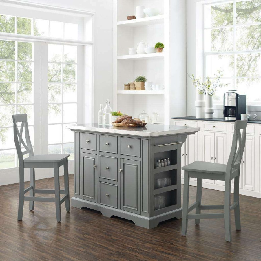 Carts & Islands * | Best-Selling Julia Stainless Steel Top Island W/X-Back Stools Gray/Gray Island & 2 Stools Crosley Kf30064Gy-Gy