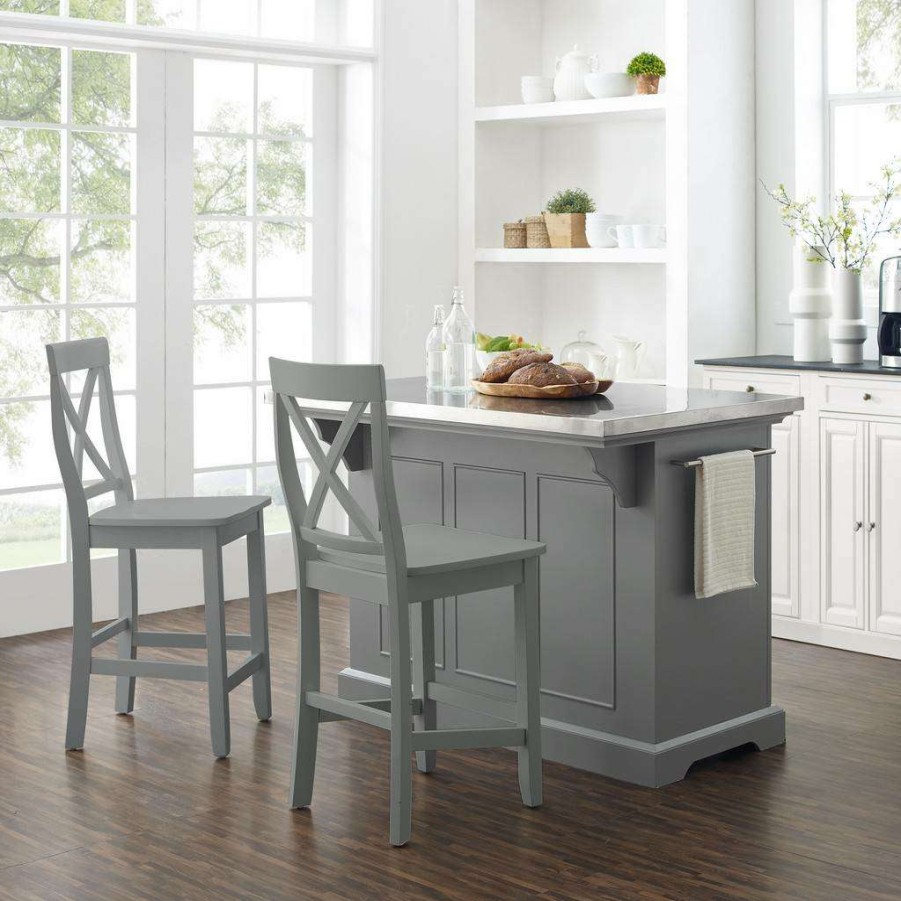 Carts & Islands * | Best-Selling Julia Stainless Steel Top Island W/X-Back Stools Gray/Gray Island & 2 Stools Crosley Kf30064Gy-Gy