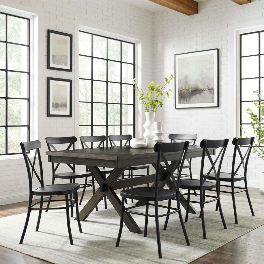 Dining * | Discount Store Hayden 9Pc Dining Set W/Camille Chairs Matte Black/ Slate Table & 8 Chairs Crosley Kf20012Sl-Mb