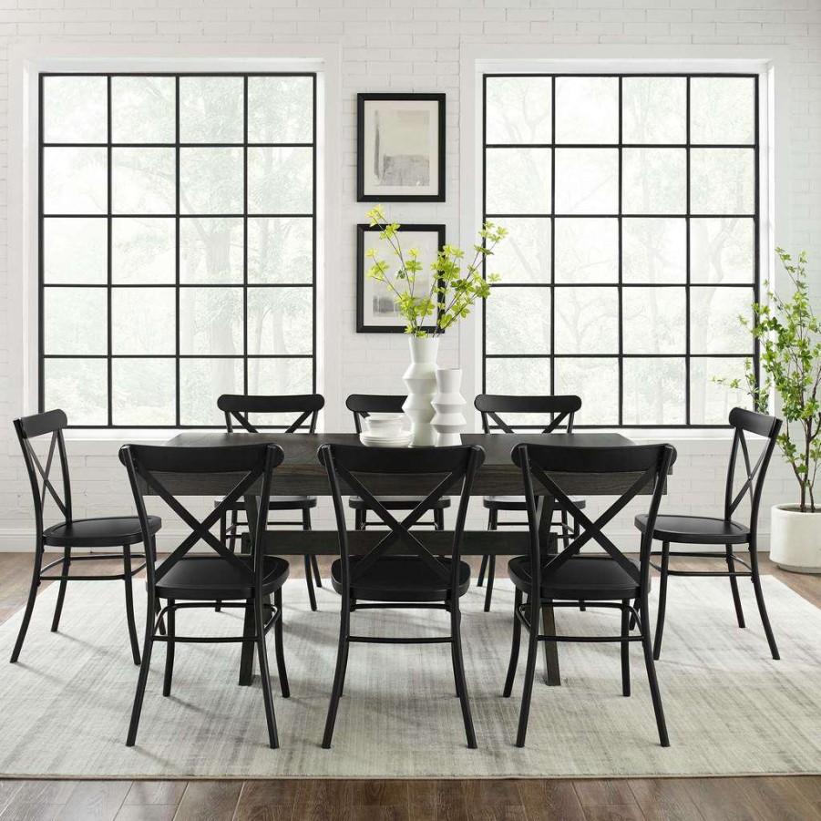 Dining * | Discount Store Hayden 9Pc Dining Set W/Camille Chairs Matte Black/ Slate Table & 8 Chairs Crosley Kf20012Sl-Mb