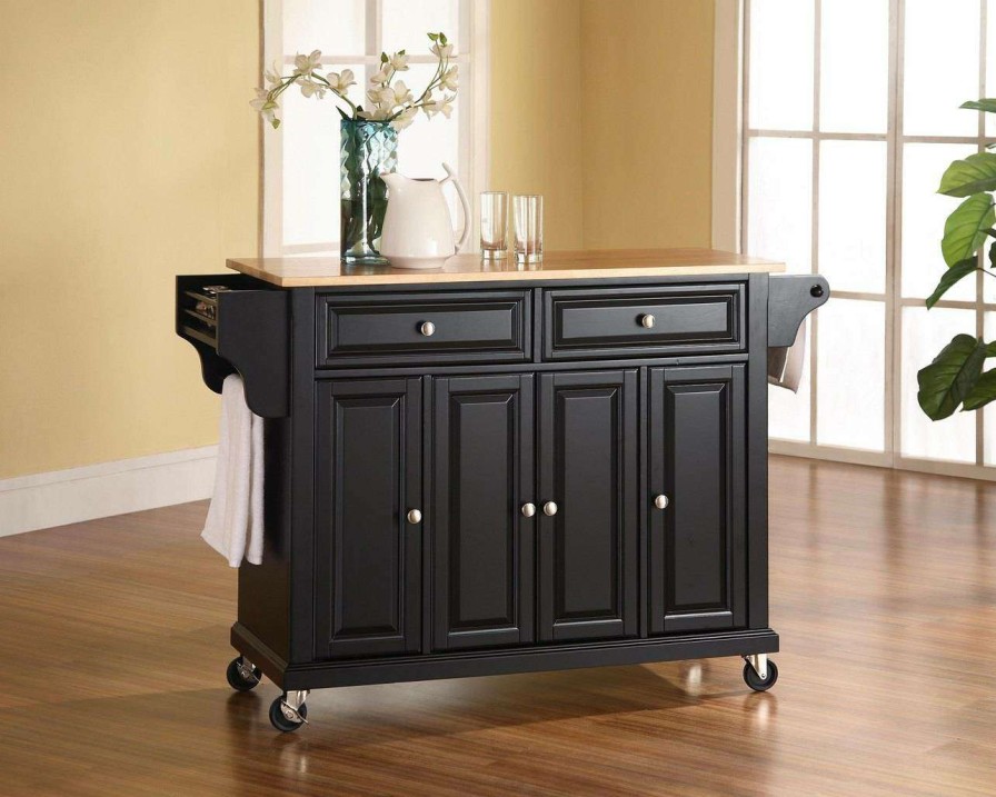 Carts & Islands * | Shop New Full Size Wood Top Kitchen Cart Black/Natural Crosley Kf30001Ebk