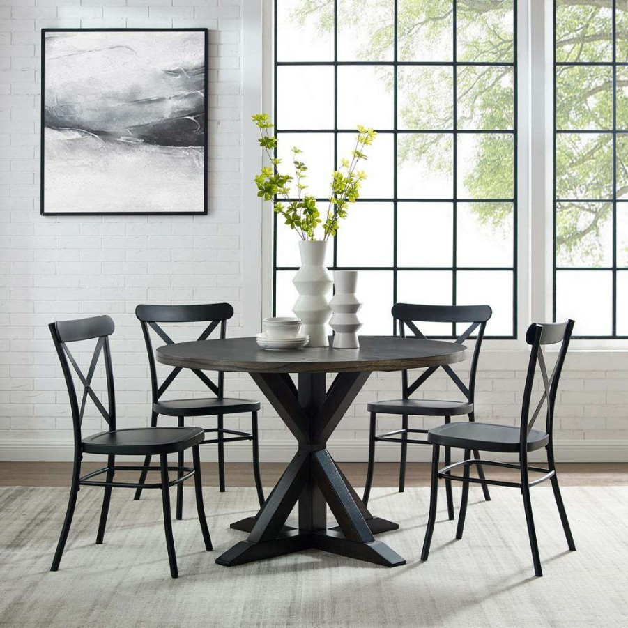 Dining * | New Hayden 5Pc Round Dining Set W/Camille Chairs Matte Black/ Slate Table & 4 Chairs Crosley Kf20010Sl-Mb