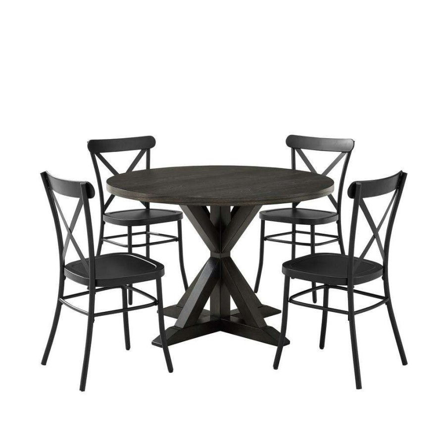 Dining * | New Hayden 5Pc Round Dining Set W/Camille Chairs Matte Black/ Slate Table & 4 Chairs Crosley Kf20010Sl-Mb