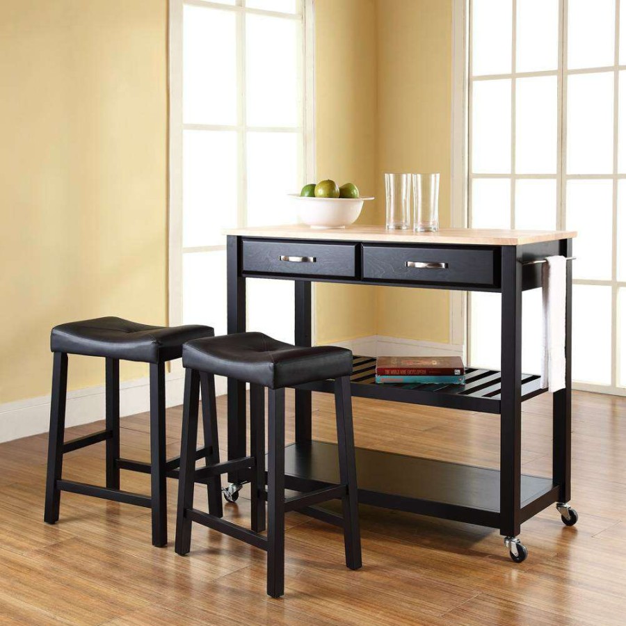 Carts & Islands * | Reliable Quality Wood Top Kitchen Prep Cart W/Uph Saddle Stools Black/Natural Kitchen Island & 2 Counter Stools Crosley Kf300514Bk