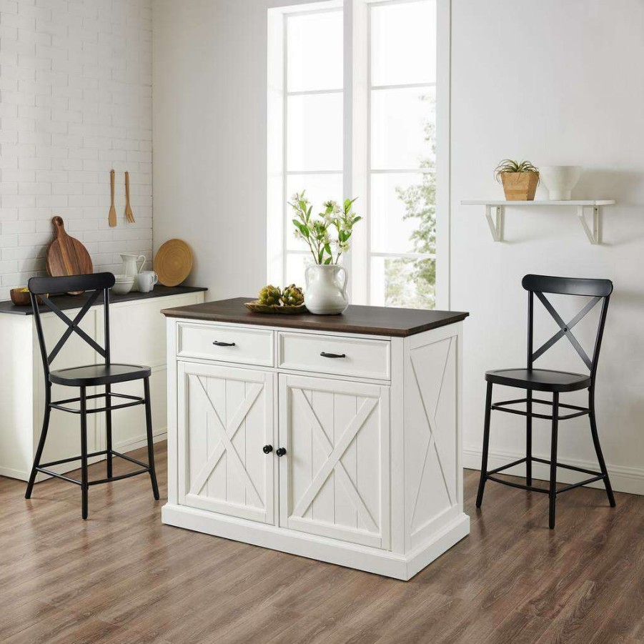 Carts & Islands * | High Quality Clifton Kitchen Island W/Camille Stools Distressed White/Black Kitchen Island & 2 Stools Crosley Kf30073Wh-Bk