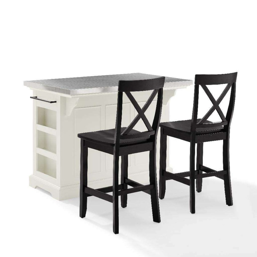 Carts & Islands * | Top Selling Julia Stainless Steel Top Island W/X-Back Stools White/Black Island & 2 Stools Crosley Kf30064Wh-Bk