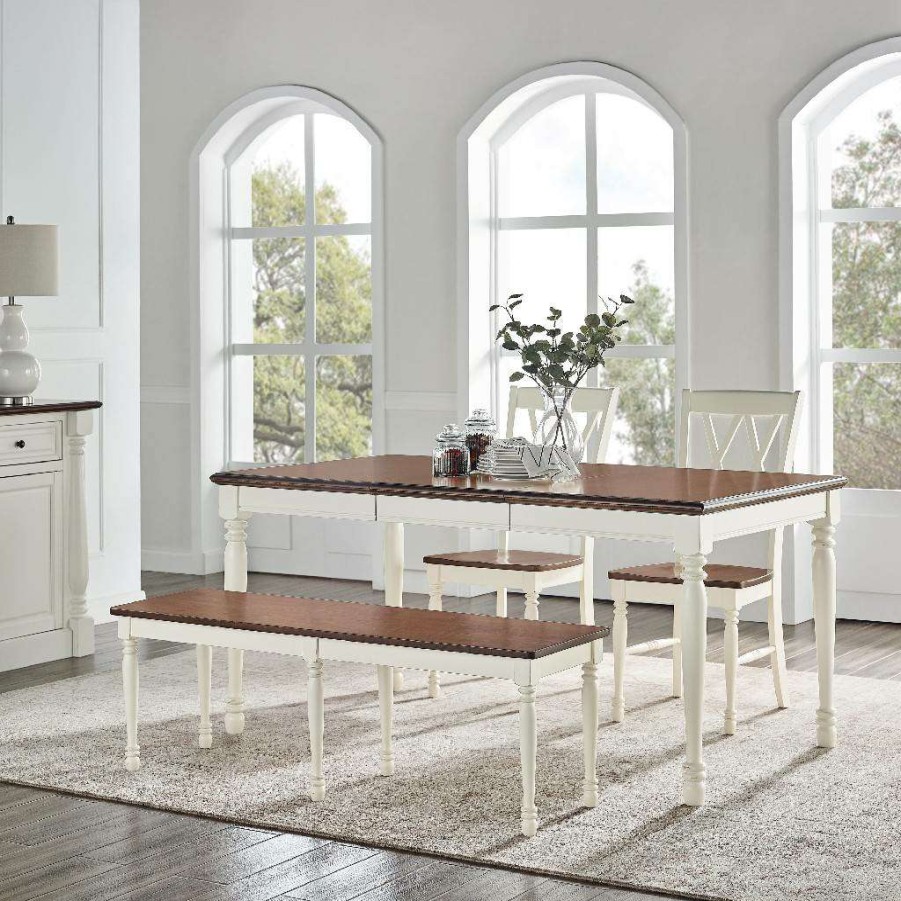 Dining * | Exclusive Shelby 4 Piece Dining Set Distressed White Table, Bench, & 2 Chairs Crosley Kf20005-Wh