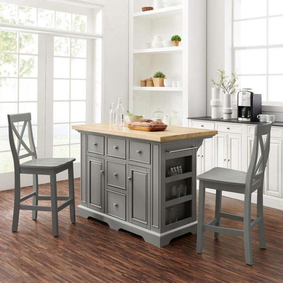 Carts & Islands * | Shop New Julia Wood Top Island W/X-Back Stools Gray/Gray Islands & 2 Stools Crosley Kf30067Gy-Gy