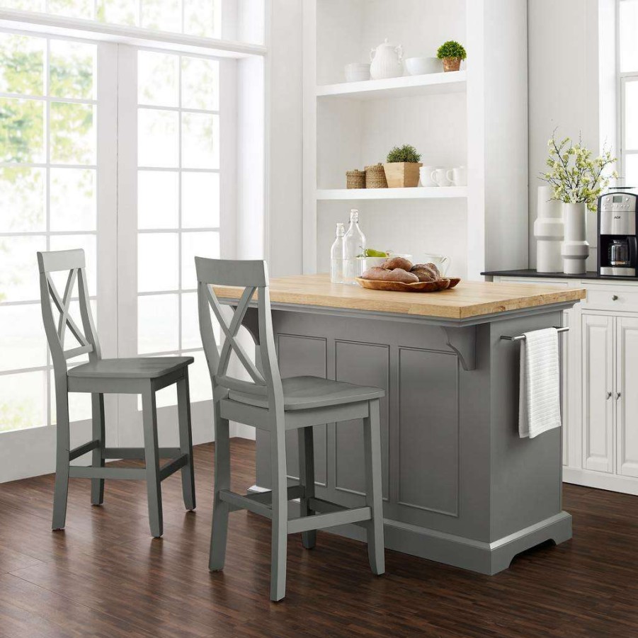 Carts & Islands * | Shop New Julia Wood Top Island W/X-Back Stools Gray/Gray Islands & 2 Stools Crosley Kf30067Gy-Gy