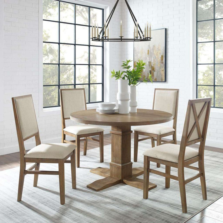 Dining * | Discount Store Joanna 5Pc Round Dining Set Rustic Brown /Creme Round Table & 4 Upholstered Back Chairs Crosley Kf13063Rb-Rb