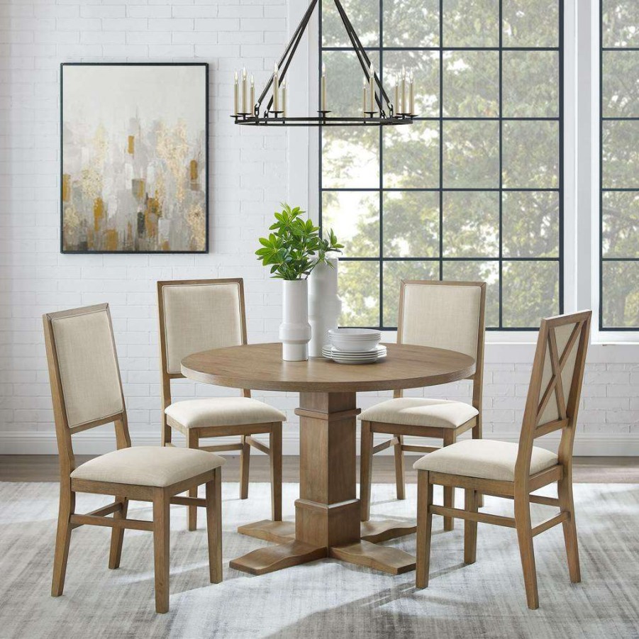 Dining * | Discount Store Joanna 5Pc Round Dining Set Rustic Brown /Creme Round Table & 4 Upholstered Back Chairs Crosley Kf13063Rb-Rb